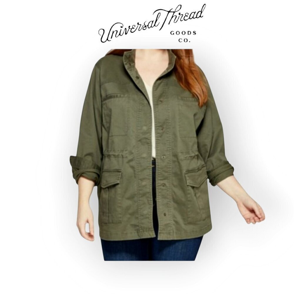 XXL Olive Green Utility Jacket Cotton Blend Lightweight Womens Outerwear Pockets
